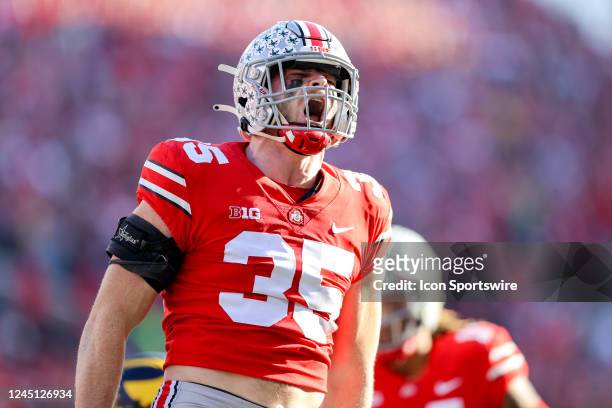 Ohio State Buckeyes linebacker Tommy Eichenberg celebrates after making a tackle during the third quarter of the college football game between the...