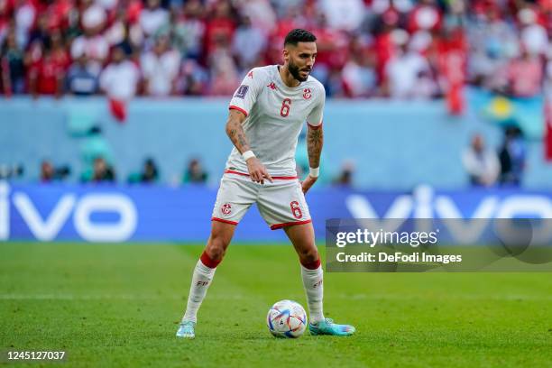 Dylan Bronn of Tunisia controls the ball during the FIFA World Cup Qatar 2022 Group D match between Tunisia and Australia at Al Janoub Stadium on...