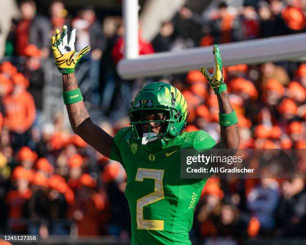 Wide receiver Dont'e Thornton of the Oregon Ducks reacts during the first half of the game against the Oregon State Beavers at Reser Stadium on...