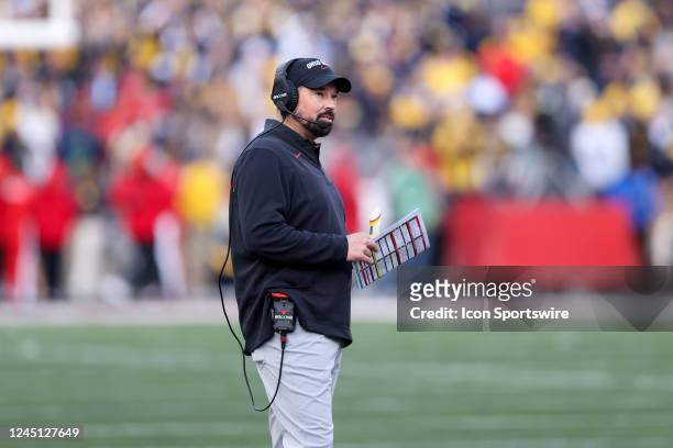 Ohio State Buckeyes head coach Ryan Day on the sideline during the fourth quarter of the college football game between the Michigan Wolverines and...