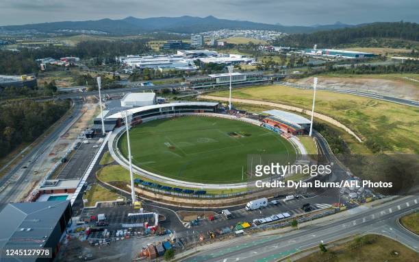 An aerial view of the ground before the 2022 AFLW Season 7 Grand Final match between the Brisbane Lions and the Melbourne Demons at Brighton Homes...