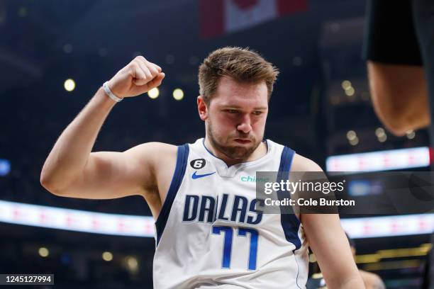 Luka Doncic of the Dallas Mavericks reacts during the first half of their NBA game against the Toronto Raptors at Scotiabank Arena on November 26,...