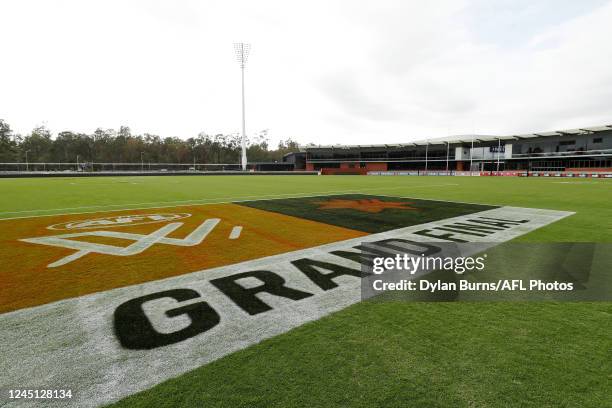 Grass signage is seen before the 2022 AFLW Season 7 Grand Final match between the Brisbane Lions and the Melbourne Demons at Brighton Homes Arena,...