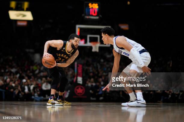 Fred VanVleet of the Toronto Raptors handles the ball during the game against the Dallas Mavericks on November 26, 2022 at the Scotiabank Arena in...
