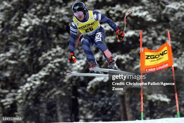 Jared Goldberg of Team United States in action during the Audi FIS Alpine Ski World Cup Men's Downhill on November 26, 2022 in Lake Louise, Canada.