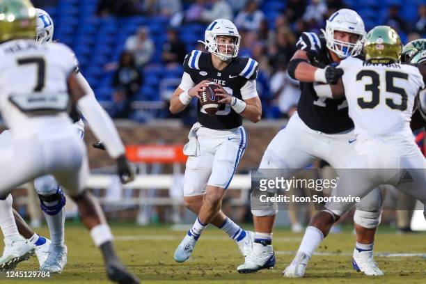Riley Leonard of the Duke Blue Devils looks to pass the ball during a football game between the Duke Blue Devils and the Wake Forest Demon Deacons on...