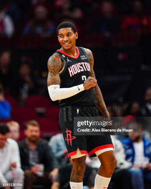 Kevin Porter Jr. #3 of the Houston Rockets reacts after a play during the first quarter of the game against the Oklahoma City Thunder at Toyota...