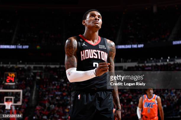 Kevin Porter Jr. #3 of the Houston Rockets looks on during the game against the Oklahoma City Thunder on November 26, 2022 at the Toyota Center in...
