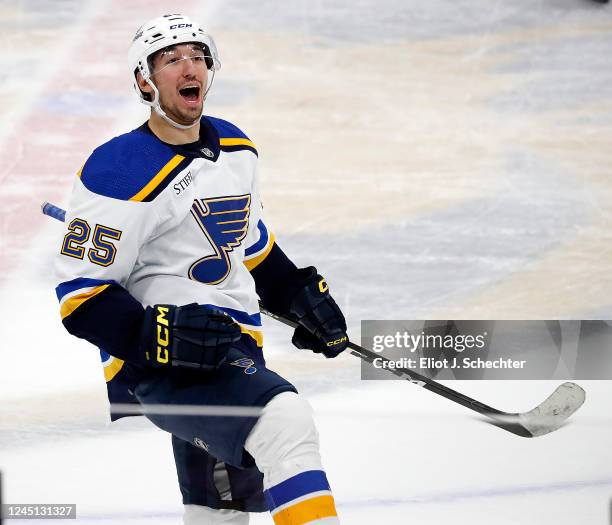 Jordan Kyrou of the St. Louis Blues celebrates after his overtime game winning goal against the Florida Panthers at the FLA Live Arena on November...