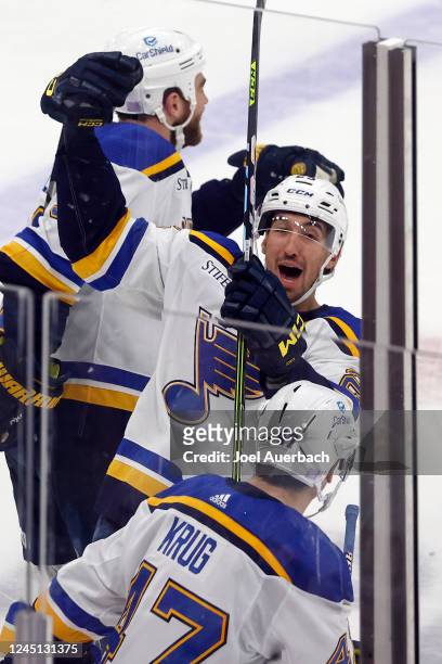 Jordan Kyrou of the St Louis Blues celebrates after scoring the game winning goal in overtime against the Florida Panthers at the FLA Live Arena on...