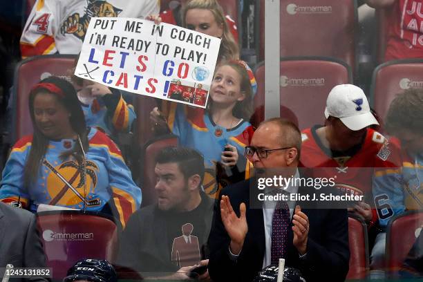 Fan has a message for Florida Panthers Head Coach Paul Maurice in the third period against the St. Louis Blues at the FLA Live Arena on November 26,...