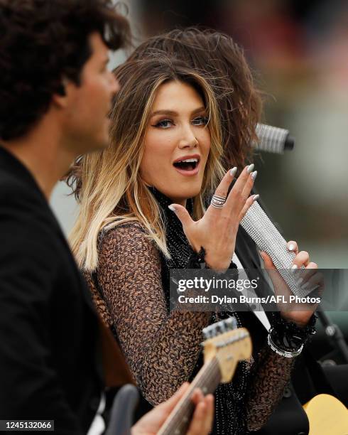 Delta Goodrem performs during the 2022 AFLW Season 7 Grand Final match between the Brisbane Lions and the Melbourne Demons at Brighton Homes Arena,...