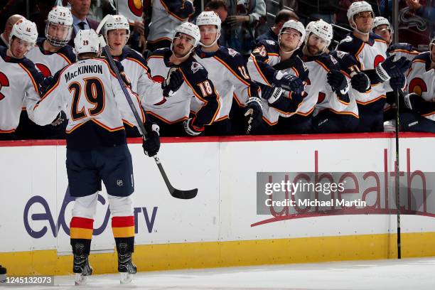 Nathan MacKinnon of the Colorado Avalanche celebrates a goal against the Dallas Stars at Ball Arena on November 26, 2022 in Denver, Colorado.