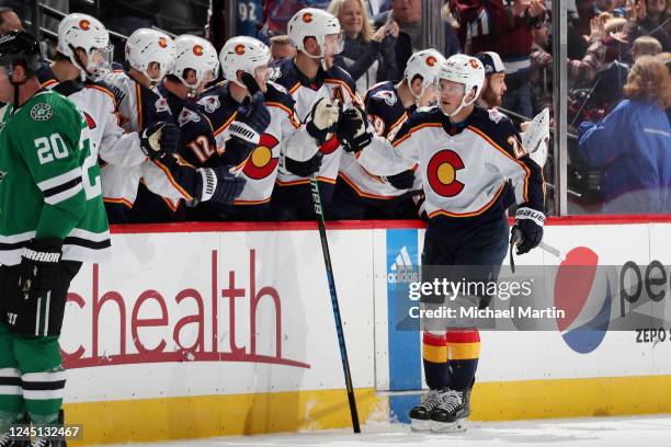 Dryden Hunt of the Colorado Avalanche celebrates a goal against the Dallas Stars at Ball Arena on November 26, 2022 in Denver, Colorado.