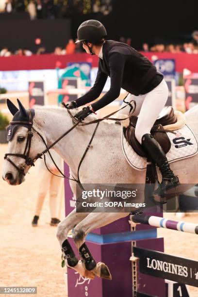 Horse rider Zoe Conter competes during the "CSI5 Trofeo Estrella Damm" event during the IFEMA Madrid Horse week 2022 at the Main Arena in Ifema,...