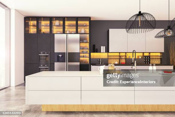 large modern kitchen interior - kitchen wide stock pictures, royalty-free photos & images