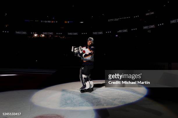 Goaltender Alexander Georgiev of the Colorado Avalanche is recognized following a 4-1 win over the Dallas Stars at Ball Arena on November 26, 2022 in...