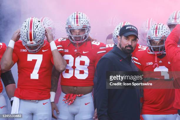 Ohio State Buckeyes head coach Ryan Day gets ready to lead his team to the field prior to a college football game against the Michigan Wolverines on...