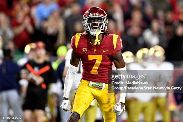 Los Angeles, CA Defensive back Calen Bullock of the USC Trojans reacts after intercepting a pass intended for wide receiver Braden Lenzy of the Notre...