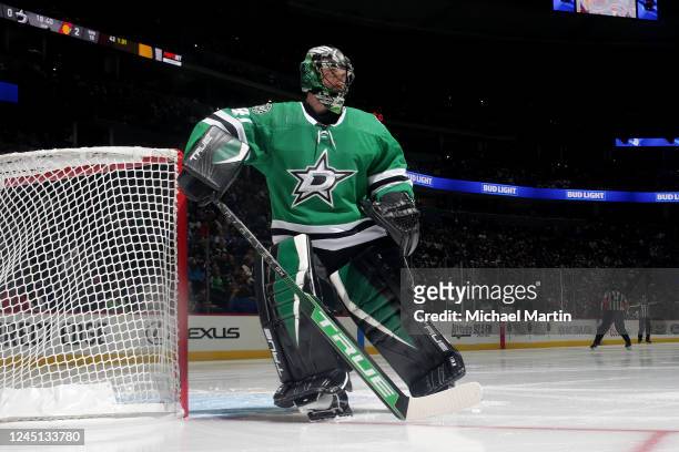 Goaltender Scott Wedgewood of the Dallas Stars skates during a break in play against the Colorado Avalanche at Ball Arena on November 26, 2022 in...