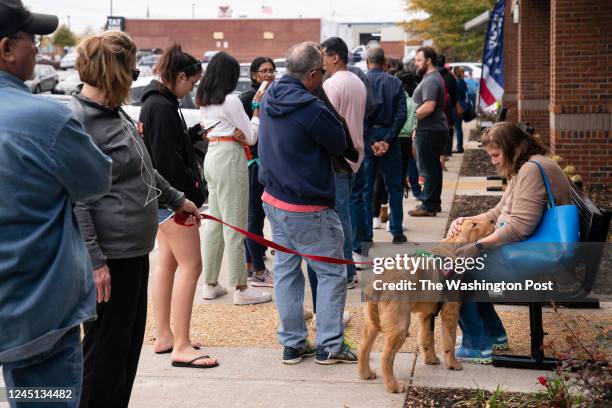 Woman pets Queso, a service dog in training, while waiting in line to vote on the first day of early voting in Cobb County on Saturday, November 26,...