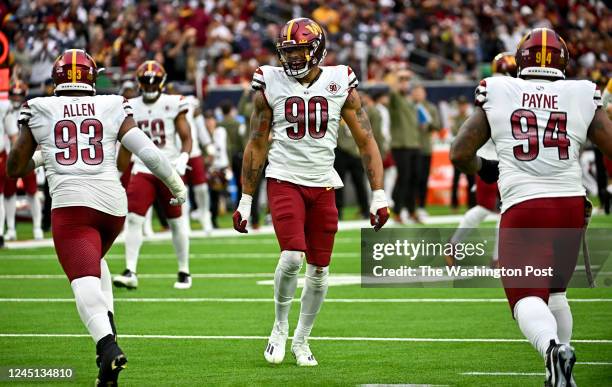 Washington Commanders defensive tackle Jonathan Allen and Washington Commanders defensive end Montez Sweat had back to back sacks of Houston Texans...