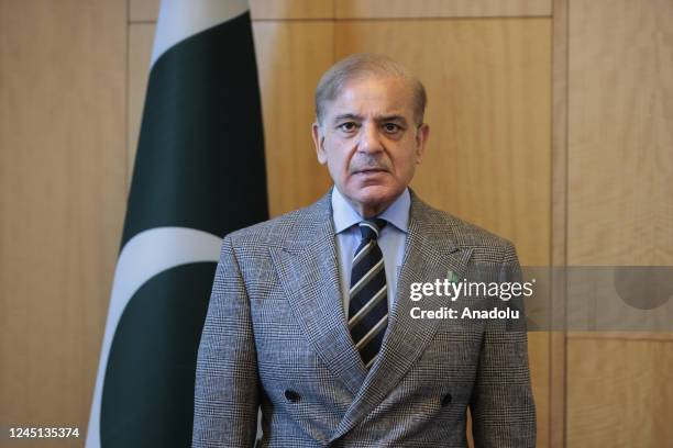 Pakistan Prime Minister Shehbaz Sharif speaks during an exclusive interview with Anadolu Agency at the Conrad Hotel in Istanbul, Turkiye on November...