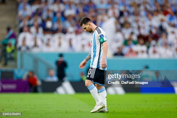 Lionel Messi of Argentina looks dejected during the FIFA World Cup Qatar 2022 Group C match between Argentina and Mexico at Lusail Stadium on...