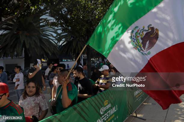 Person holds a Mexican flag during the FIFA Fan Fest Mexico on the esplanade of the Monument to the Revolution in Mexico City, on the occasion of the...