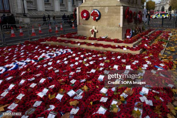 Remembrance Sunday wreaths and poppies are displayed at the Cenotaph in London.