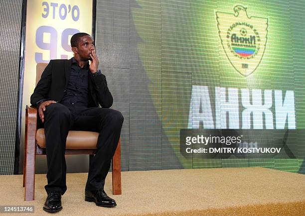 Samuel Eto'o takes part in a press conference for his official presentation after his first training session with the Russian team FC Anji in...