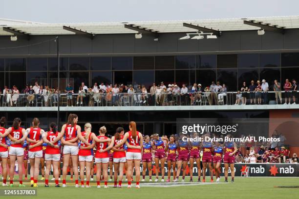 Players lineup during the 2022 AFLW Season 7 Grand Final match between the Brisbane Lions and the Melbourne Demons at Brighton Homes Arena,...