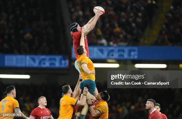 Wales Adam Beard claims the lineout during the Autumn International match between Wales and Australia at Principality Stadium on November 26, 2022 in...