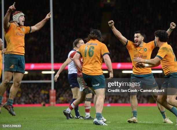 Australia celebrate at the final whistle during the Autumn International match between Wales and Australia at Principality Stadium on November 26,...