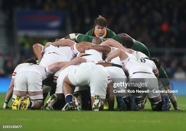 South Africa's Evan Roos looks over the scrum during the Autumn International match between England and South Africa at Twickenham Stadium on...