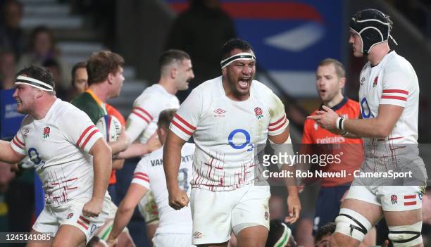 England's Mako Vunipola celebrates holding up a South Africa attack during the Autumn International match between England and South Africa at...