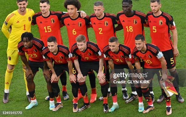 Belgium's goalkeeper Thibaut Courtois, Belgium's defender Thomas Meunier, Belgium's midfielder Axel Witsel, Belgium's defender Toby Alderweireld,...