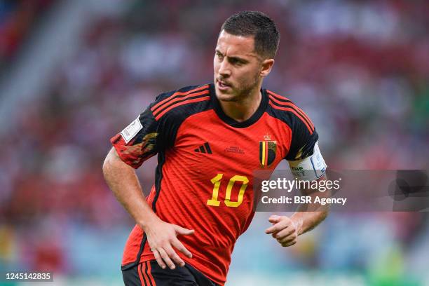 Eden Hazard of Belgium looks on during the Group F - FIFA World Cup Qatar 2022 match between Belgium and Morocco at the Al Thumama Stadium on...