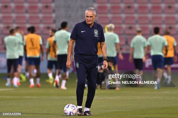 Brazil's coach Tite leads a training session at the Al Arabi SC in Doha on November 27 on the eve of the Qatar 2022 World Cup football match between...