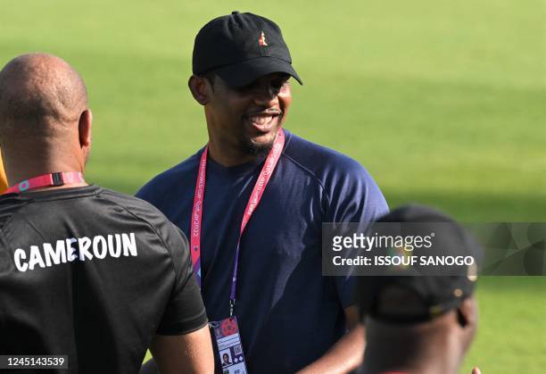 Cameroon's Football Federation president and former player Samuel Eto'O fils attends a training session on November 27, 2022 at the Al Sailiya SC in...