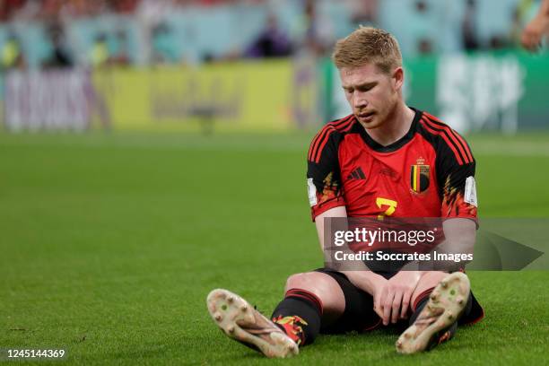 Kevin De Bruyne of Belgium disappointed during the World Cup match between Belgium v Morocco at the Al Thumama Stadium on November 27, 2022 in Doha...