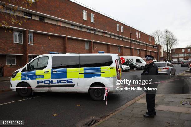 Metropolitan Police officer at the scene of a stabbing on Titmuss Avenue in Thamesmead on November 27, 2022 in London, England. Police were called to...