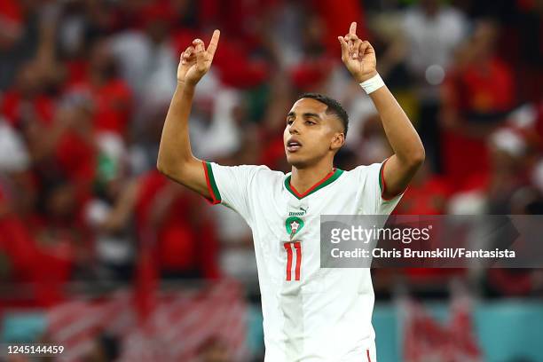 Abdelhamid Sabiri of Morocco celebrates scoring the first goal during the FIFA World Cup Qatar 2022 Group F match between Belgium and Morocco at Al...