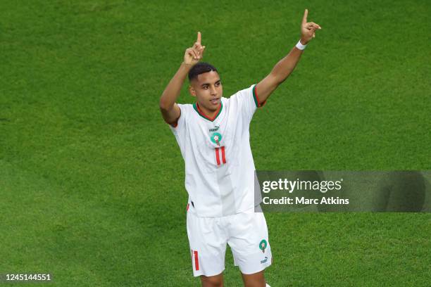 Abdelhamid Sabiri of Morocco celebrates scoring the first goal during the FIFA World Cup Qatar 2022 Group F match between Belgium and Morocco at Al...