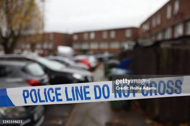 The scene of a stabbing on Titmuss Avenue in Thamesmead on November 27, 2022 in London, England. Police were called to the area yesterday evening...