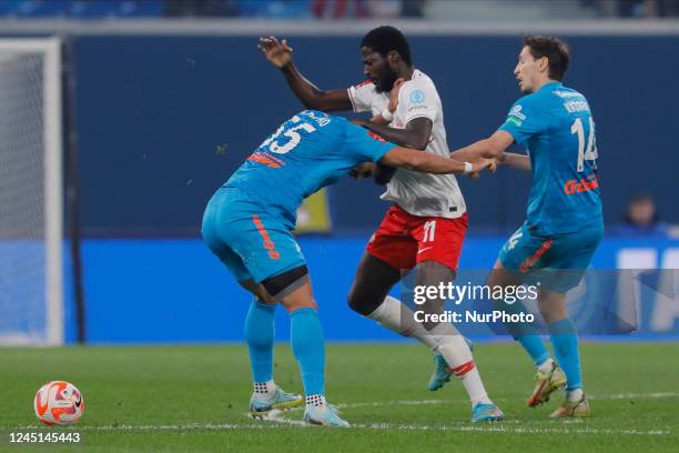 Rodrigao of Zenit St. Petersburg and Shamar Nicholson of Spartak Moscow vie for the ball during the Russian Cup match between FC Zenit Saint...