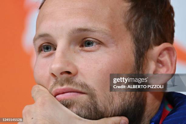 Netherland's defender Daley Blind attends a press conference at the Qatar University training site, in Doha, on November 27, 2022 during the Qatar...