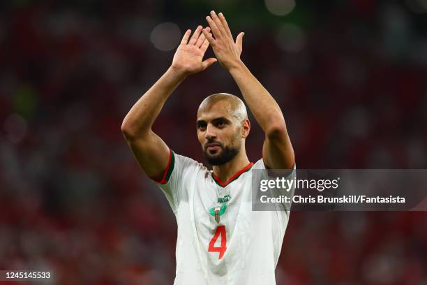 Sofyan Amrabat of Morocco applauds the fans at the end of the FIFA World Cup Qatar 2022 Group F match between Belgium and Morocco at Al Thumama...