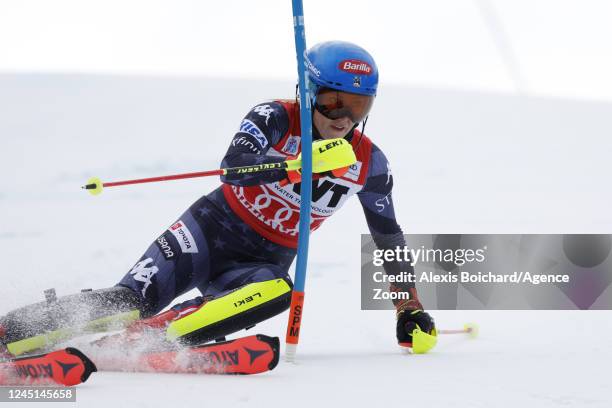 Mikaela Shiffrin of Team United States in action during the Audi FIS Alpine Ski World Cup Women's Slalom on November 27, 2022 in Killington, USA.