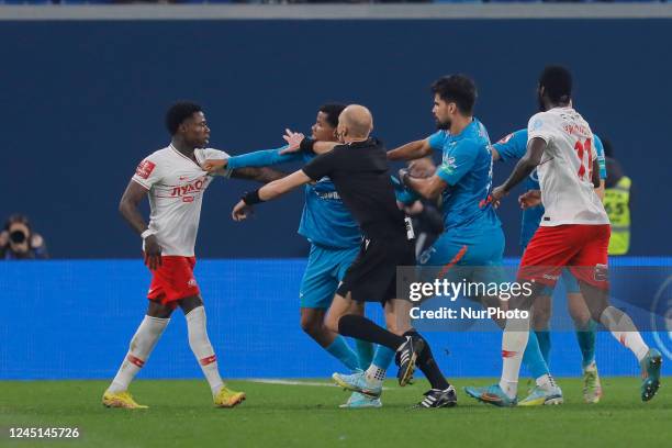 Quincy Promes and Shamar Nicholson of Spartak Moscow, Wilmar Barrios and Rodrigao of Zenit St. Petersburg during the Russian Cup match between FC...